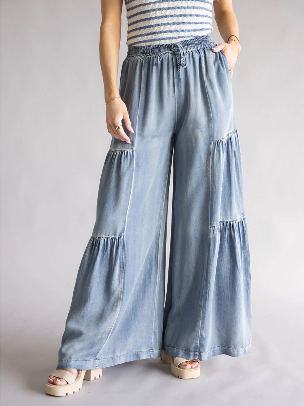 Mustard Seed - Ruffled Washed Denim Light Blue Wide-Leg Pants